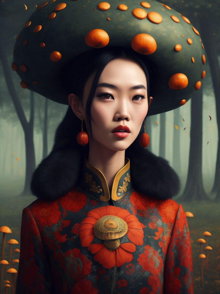 Pretty chinese model with hallucination mushroom, by martine johanna and simon stalenhag and chie yoshii and casey weldon and wlop, ornate, dynamic, particulate, rich colors, intricate, elegant, highly detailed, vogue, harper's bazaar art, fashion magazine, smooth, sharp focus