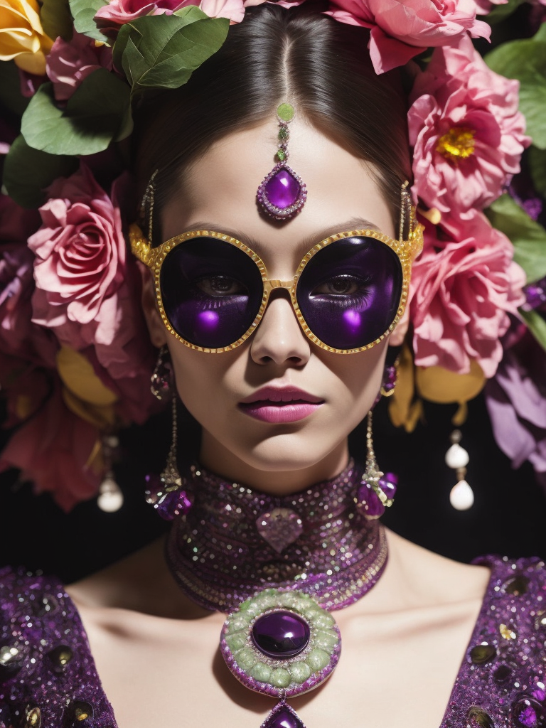 purple and pink, retrofuturism, retro future, 1970, purple healer shaman, bright, colorful rgb, dream world, Alexander McQueen Glazier, angel face, shaman, horrific, arty pose, fashion, massive huge jewelry, precious gems, massive pearls, giant white diamonds, retrofuturistic, crystal, marble, glass, floral, massive big flowers, gem flowers, hyper neon glow, dark, moody, diaphanous layered ultra haute couture, high definition, high resolution, bold vibrant colors , volumetric lighting, 8k, 3d rende, style by dior, style by channel, by Jimmy Marble and Takashi Murakami