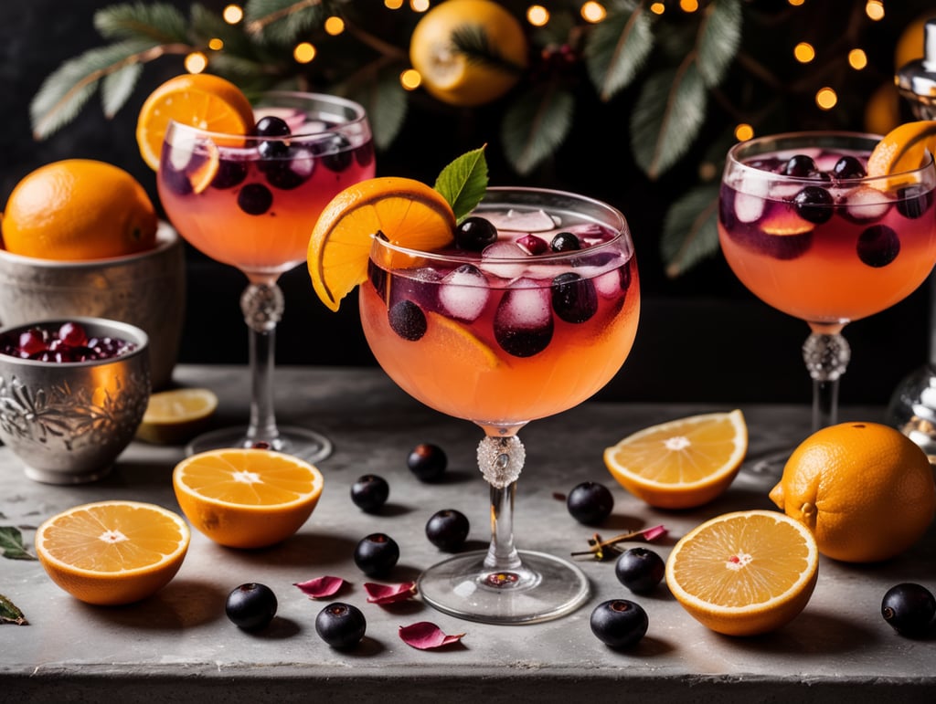 Christmas Cocktail with Extra Dry Gin and Rose Cider, rose petals, halved oranges, sliced ​​lemons with In a set design with bricks, black currant and dry leaves.
