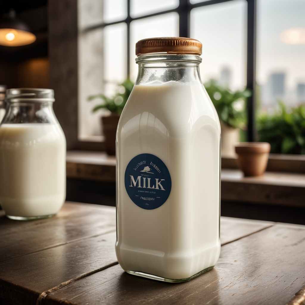 A mockup of a square glass bottle of milk.
