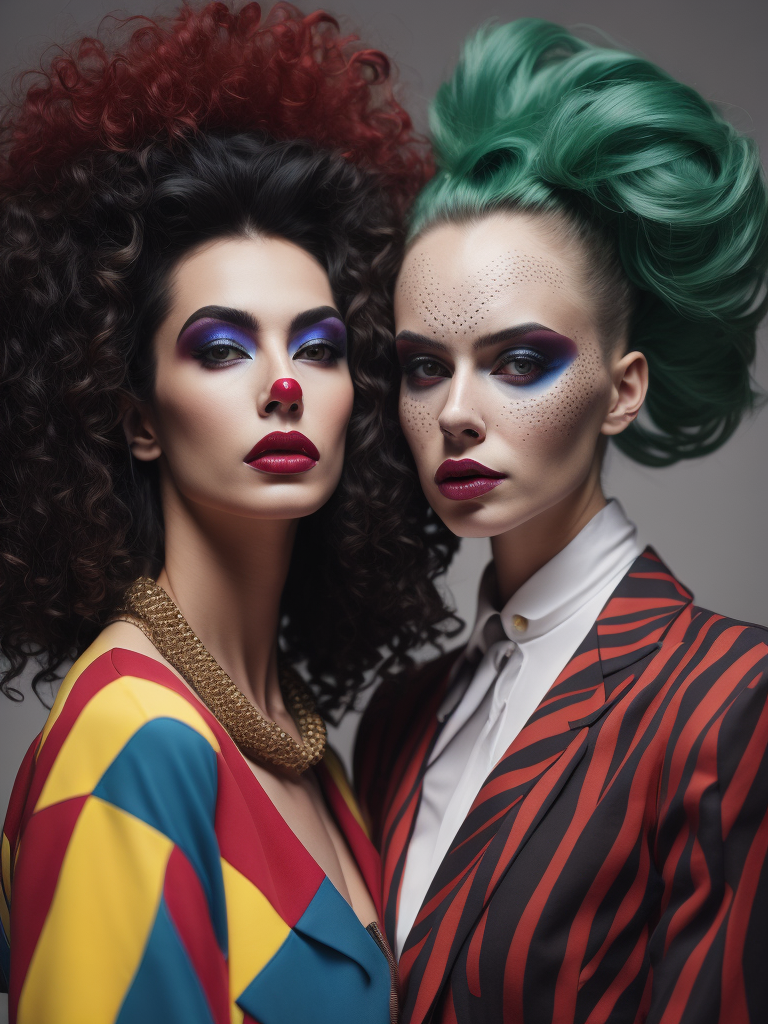 two women dressed in colorful clothing with large hair and make - up in the shape of clowns Avant-garde Fashion