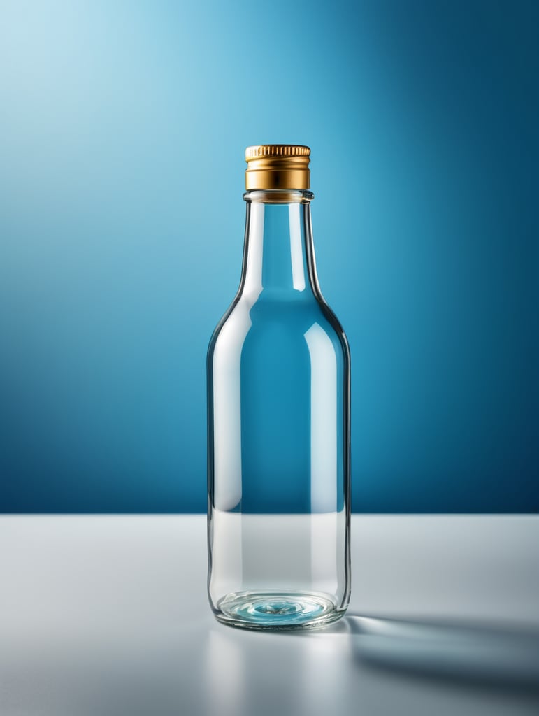 a transparent Glass Bottle, Empty, Clean, Clear, isolated, blue background