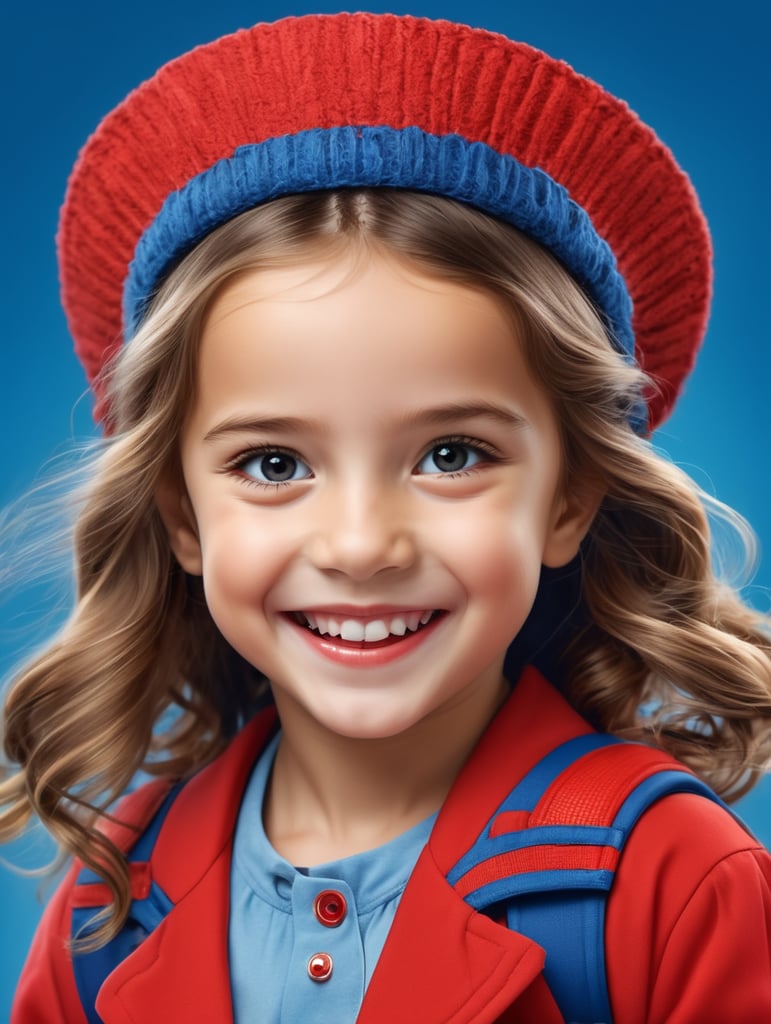 photo happy little girl going to travel, cute girl, dressed in all red, blue background, harpers bizarre, cover, headshot, hyper realistic