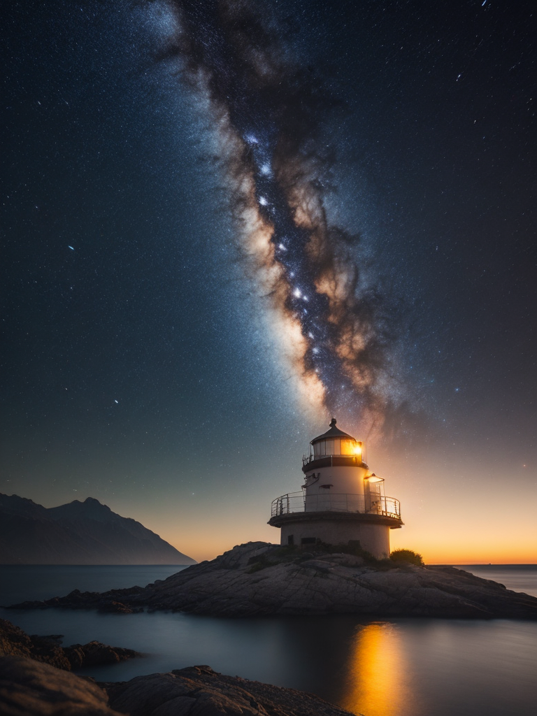 Saturn, milky way, mountains, soft colors, stars, highly detailed, under the water, lighthouse