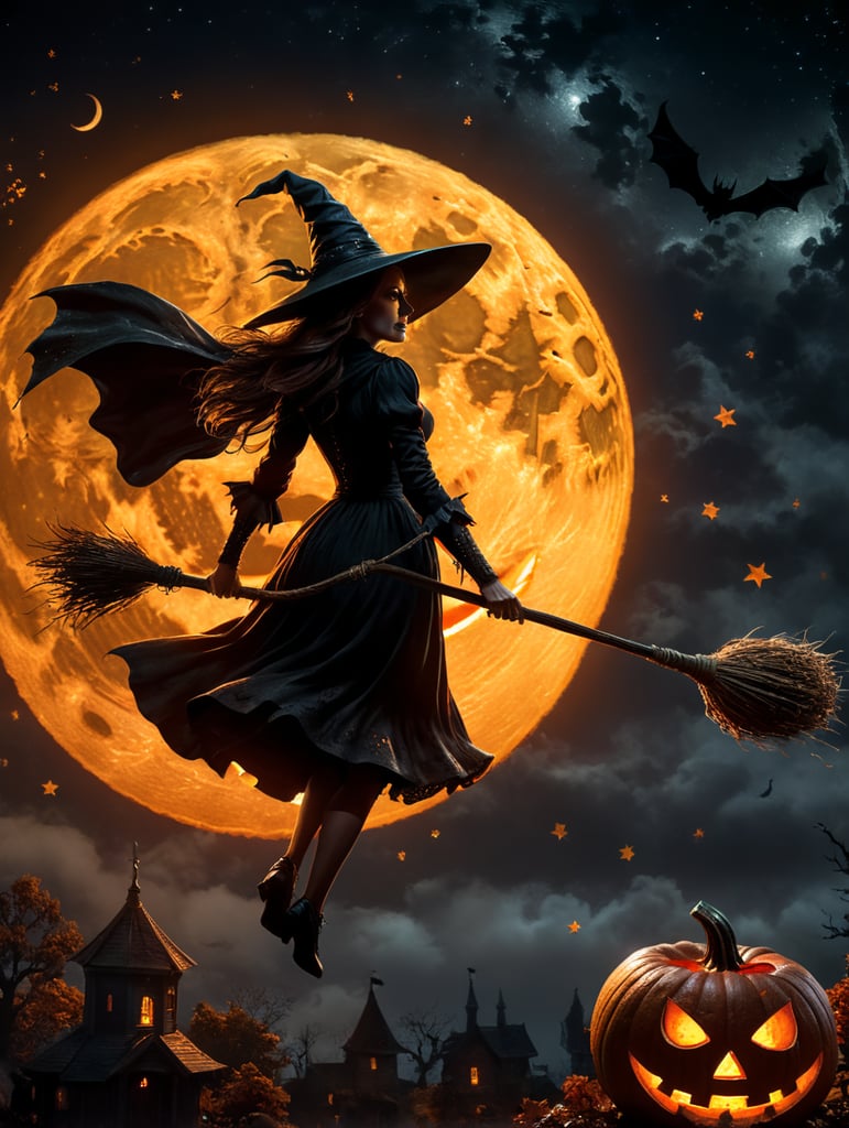 cene of pumpkins for Halloween, dramatic lighting at night, around the pumpkin, but in the night sky the silhouette of a witch flying on a broomstick, a bloody moon with the correct structure and stars. Depth of field.