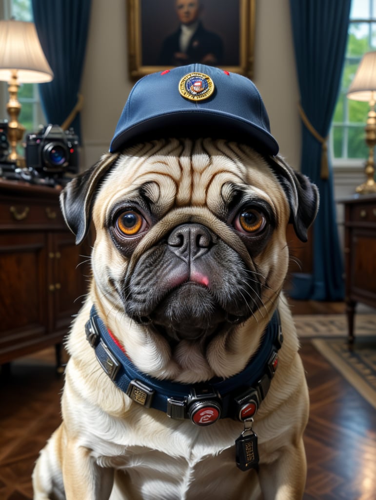 A pug dog wearing a baseball cap and a camera is a tourist at the white house in Washington dc