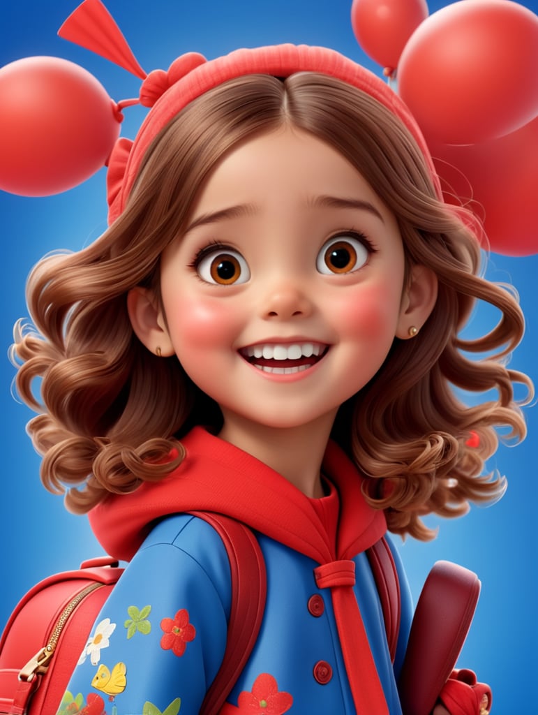 photo happy little girl going to travel, cute girl, dressed in all red, blue background, harpers bizarre, cover, headshot, hyper realistic