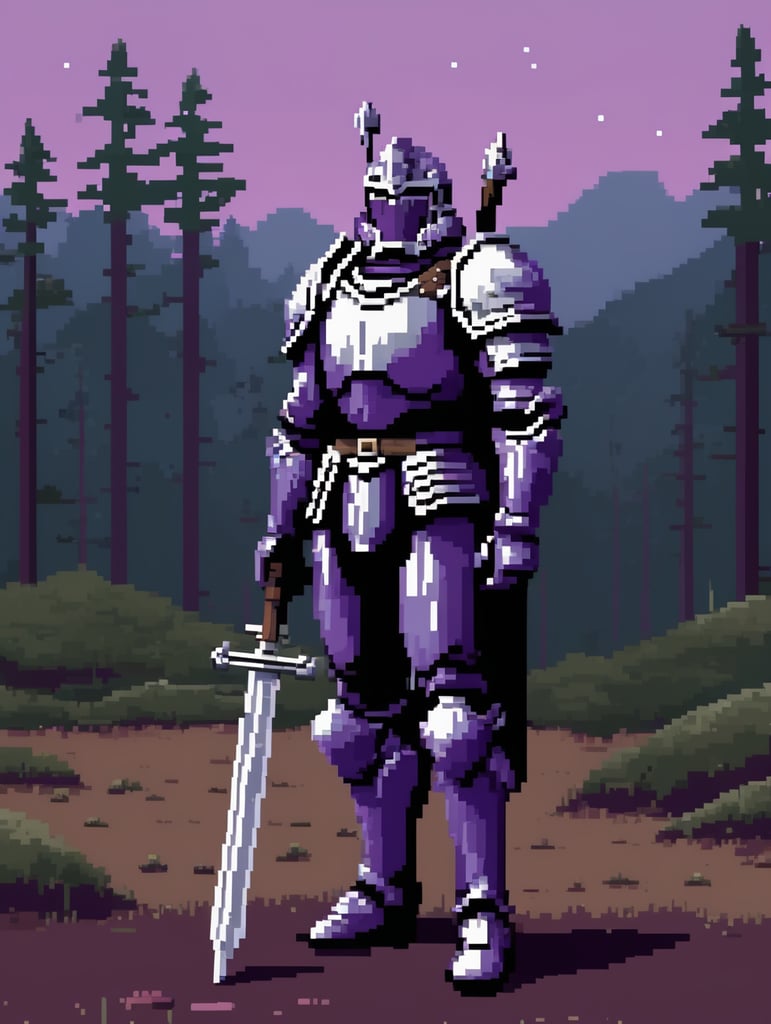 8-bit Pixel art, square bog pixels, flat colors, sad soldier with silver armor, purple sky with dark forest background