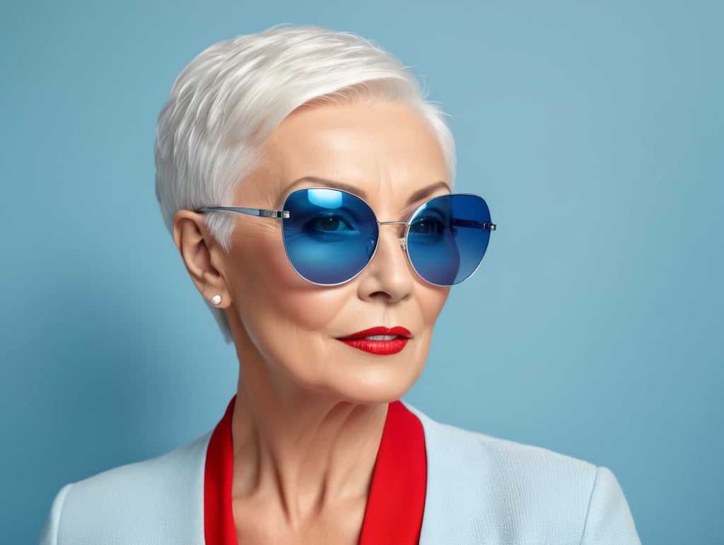 A portrait of a beautiful English older woman with white platinum short hair and big sunglasses, dressed all red, blue background, big cleavage, glamorous London portrait, highly realistic, women designer, very fashionable, colourful