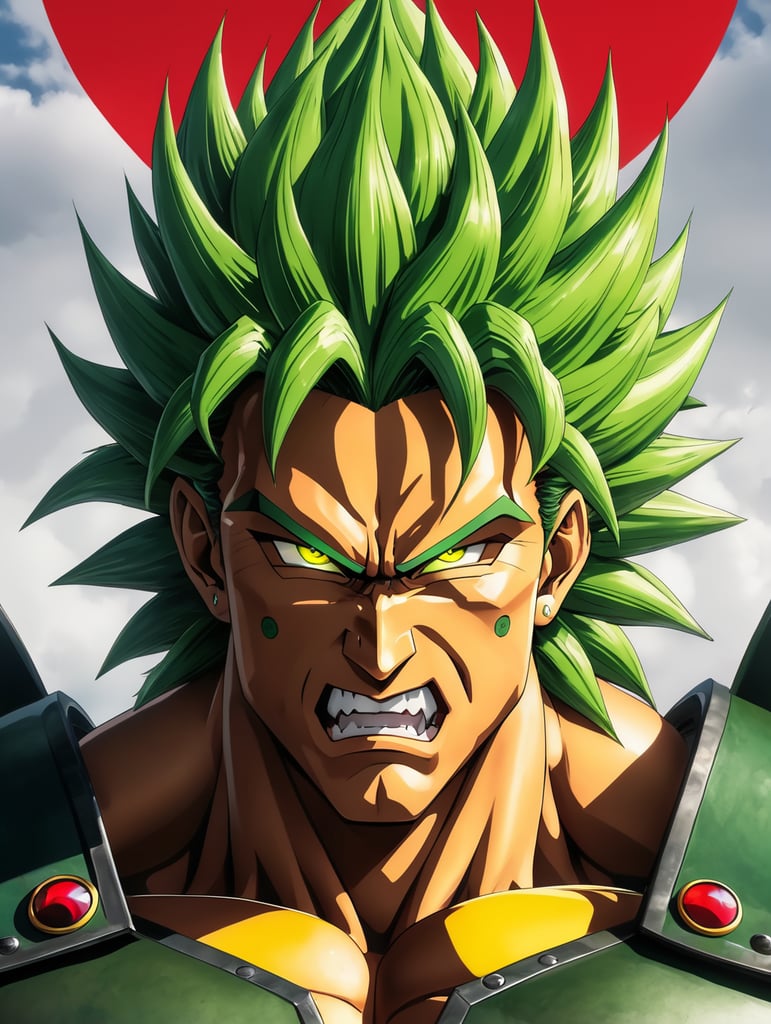 Broly, a massive and intimidating Saiyan with an imposing physique. His light green skin is covered in a layer of green fur, which only serves to accentuate his muscular form. His head is his most distinctive feature - it's large and round, with a single, red eye in the center surrounded by a yellow ring and a black dot. This eye is cold and piercing, seeming to bore into the viewer's soul. Broly's forehead is adorned with ridges and he has two antennae that extend from his forehead, adding to his otherworldly appearance. His black, spiky hair reaches his mid-back and frames his face perfectly. His dark green eyes are intense and focused, conveying a sense of unbridled rage and power. His body is equally as impressive, with four arms and four legs, each muscle clearly defined beneath his green fur. He stands tall and powerful, ready to unleash his fury upon anyone who dares to cross him.