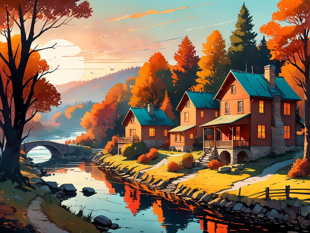 A vector flat illustration of a picturesque autumn village, with stylized cottages nestled among vibrant trees, smoke rising from chimneys, and a winding river reflecting the fall foliage, all bathed in the warm hues of sunset, Vector Flat Illustration, crafted with vector graphics software to convey the idyllic and cozy atmosphere of a rural autumn setting