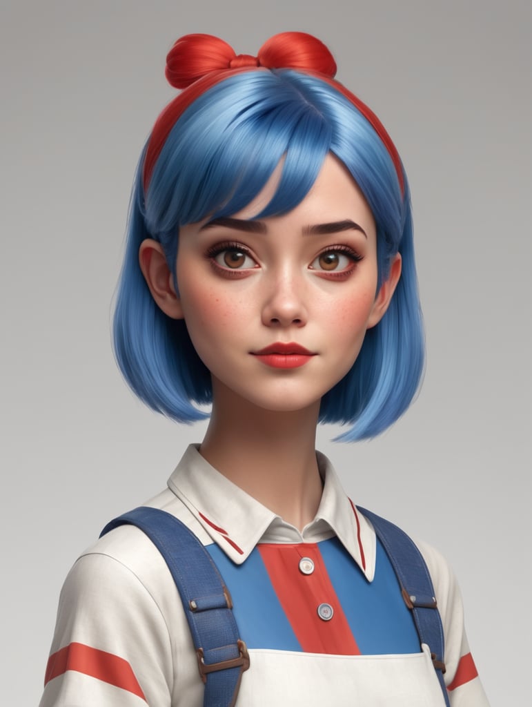 disney 3D pixar style female character with short blue hair and red stripes, red marks on her cheeks