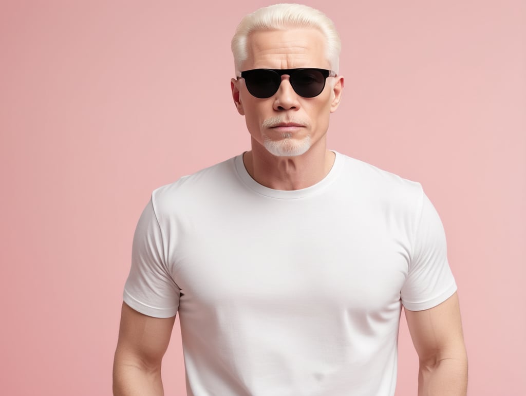 A middle-aged albino man wearing a white T-shirt, wearing black sunglasses, Contrasting studio light, isolated, pink background, mockup, mock up