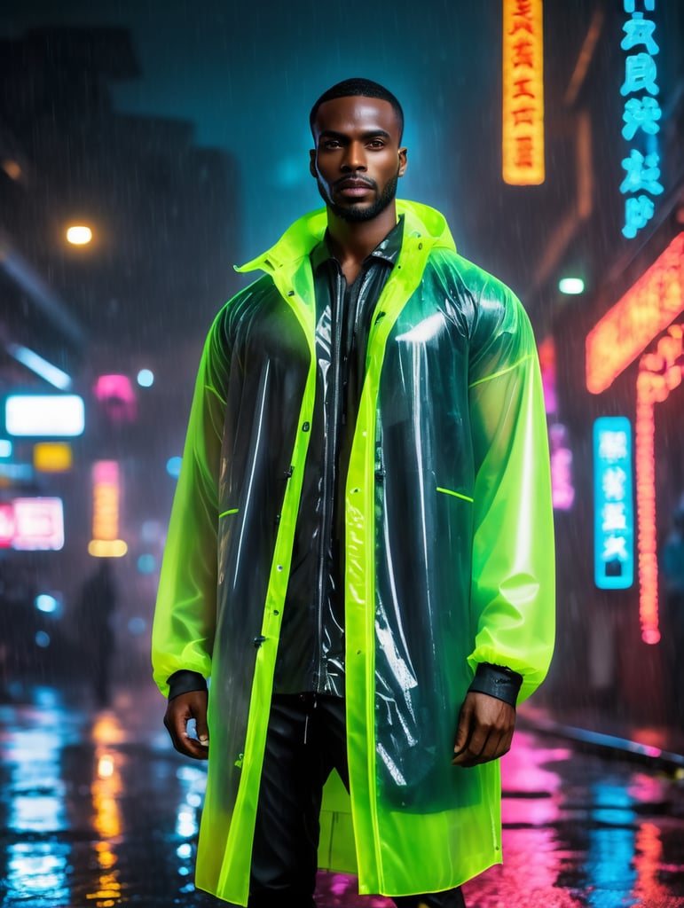 Portrait of A super model black African man wearing translucent raincoat, standing on a street under the heaviest rain, neon cyber city, dark night, neon signs,