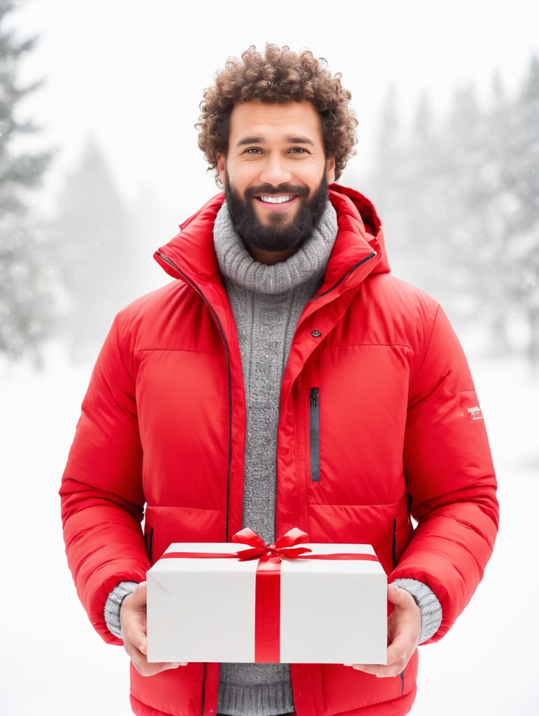 portrait of a bearded curly man wearing red puffer jacket, stands front camera with gift box his hand, snowy weather, Christmas time