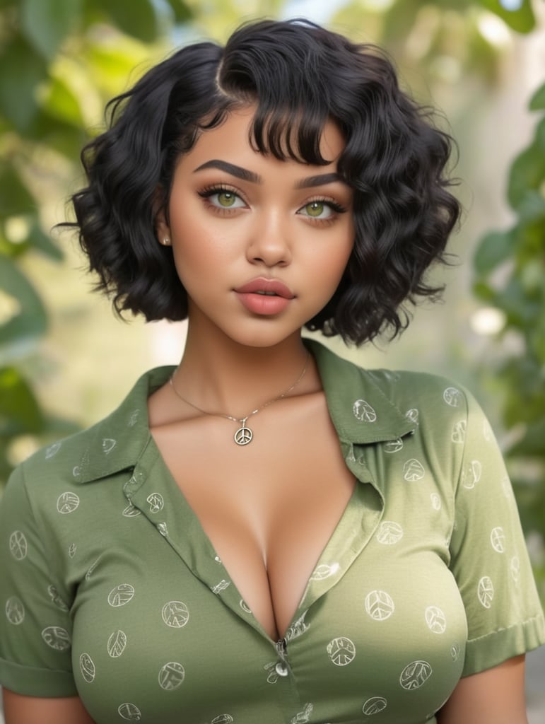 Petite, lightskin, thick, curvy, Ahegao, peace sign, highest quality, 8k quality, pouty lips, short curly hair, black hair, green eyes,