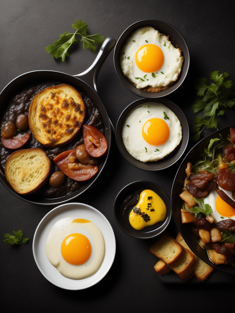 a product photo of fried eggs and bacon and hash browns and black pudding and mushrooms and toast, photorealistic, highly detailed, restaurant background, studio lighting, Canon 5D Mark iii, Canon 85mm prime lens
