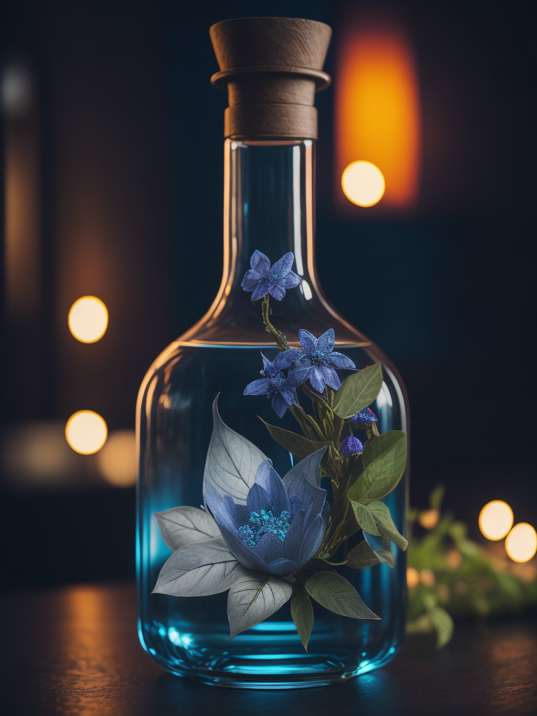 Magic elixir bottle from, carved glass, decorated with flowers and gems, fairy atmosphere, illumination, dark blue color, smoke