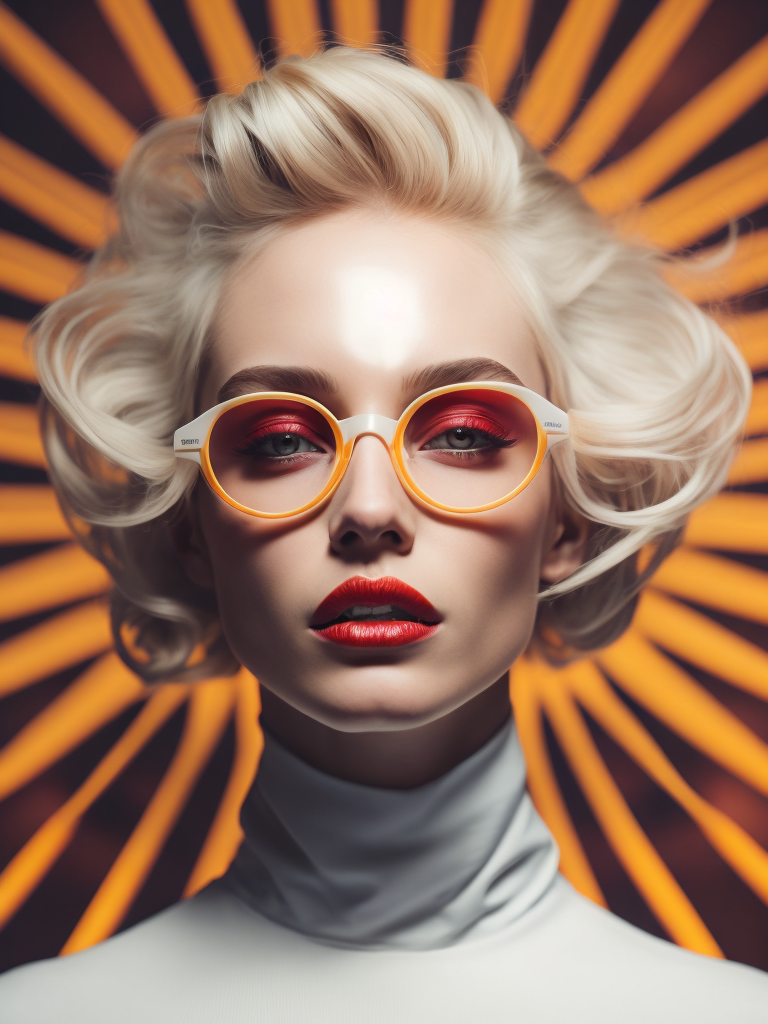 Pale-skinned girl model, wearing a high-necked dress, contrast lighting, white sunglasses with red-orange lenses, red lips, blonde hair in a bob style, dark background with orange-red rays, fashion model, magazine cover, professional shot,