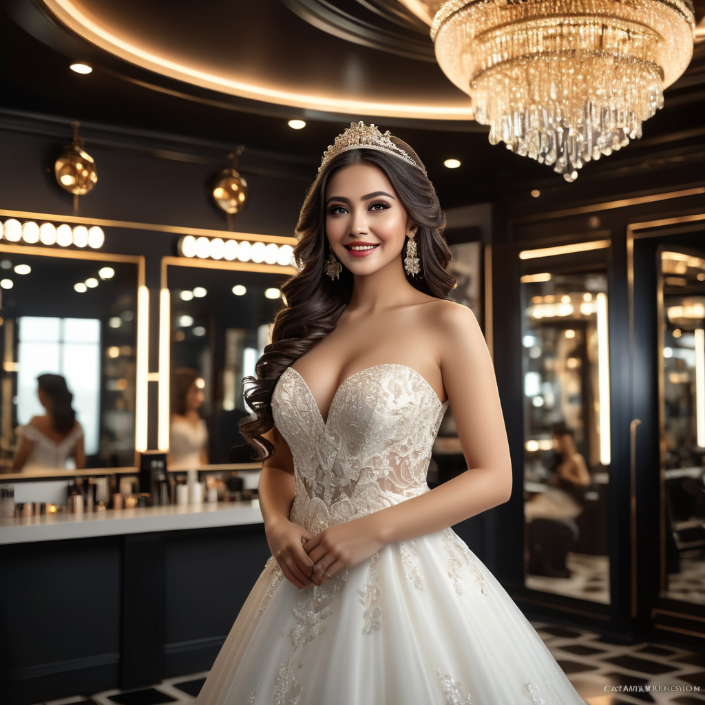 a full image wide Angle of a beautiful bride is standing happy in a modern dark hair saloon shop surrounded by the hair styler employee, 16k, the pride is wearing white elegant covering toll dress, full makeup, bokeh background, cinematic, hyper detailed, spotlights, canon photography, black wavy hair , saloon walls are black and gold accent, saloon is vast.