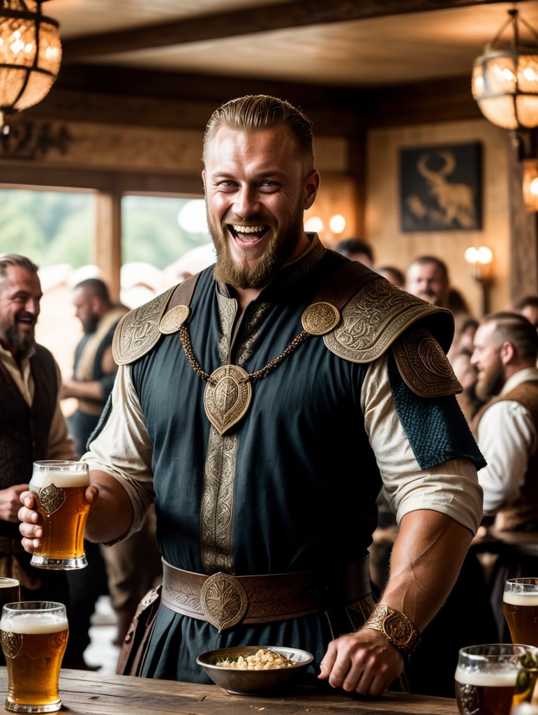 Ragnar Lothbrok having fun in Valhalla with the gods, a lot of food on the tables, women dancing, a lot of ale