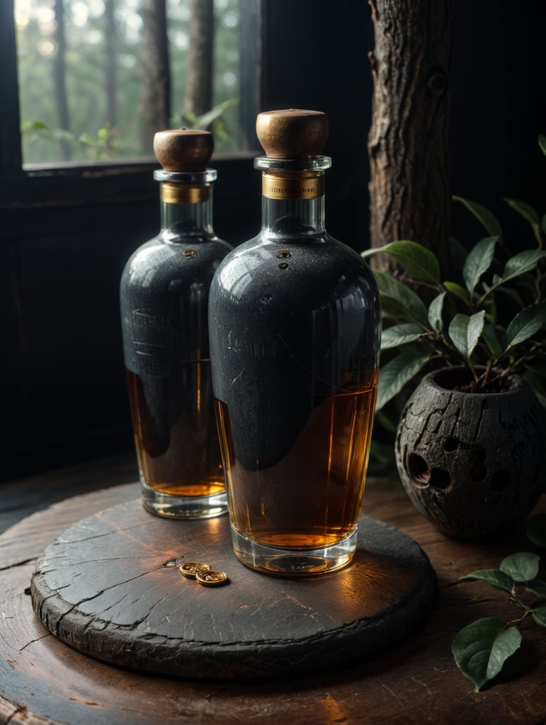 Quiero hacer una botella de tequila ancestral de cerámica de 700 ml. Con un tapón de metal dorado. Sobre una mesa de madera deben colocarse una botella y unas ramas de arbol . Queremos que la marca sea fiel al antiguo estilo prehispanico.