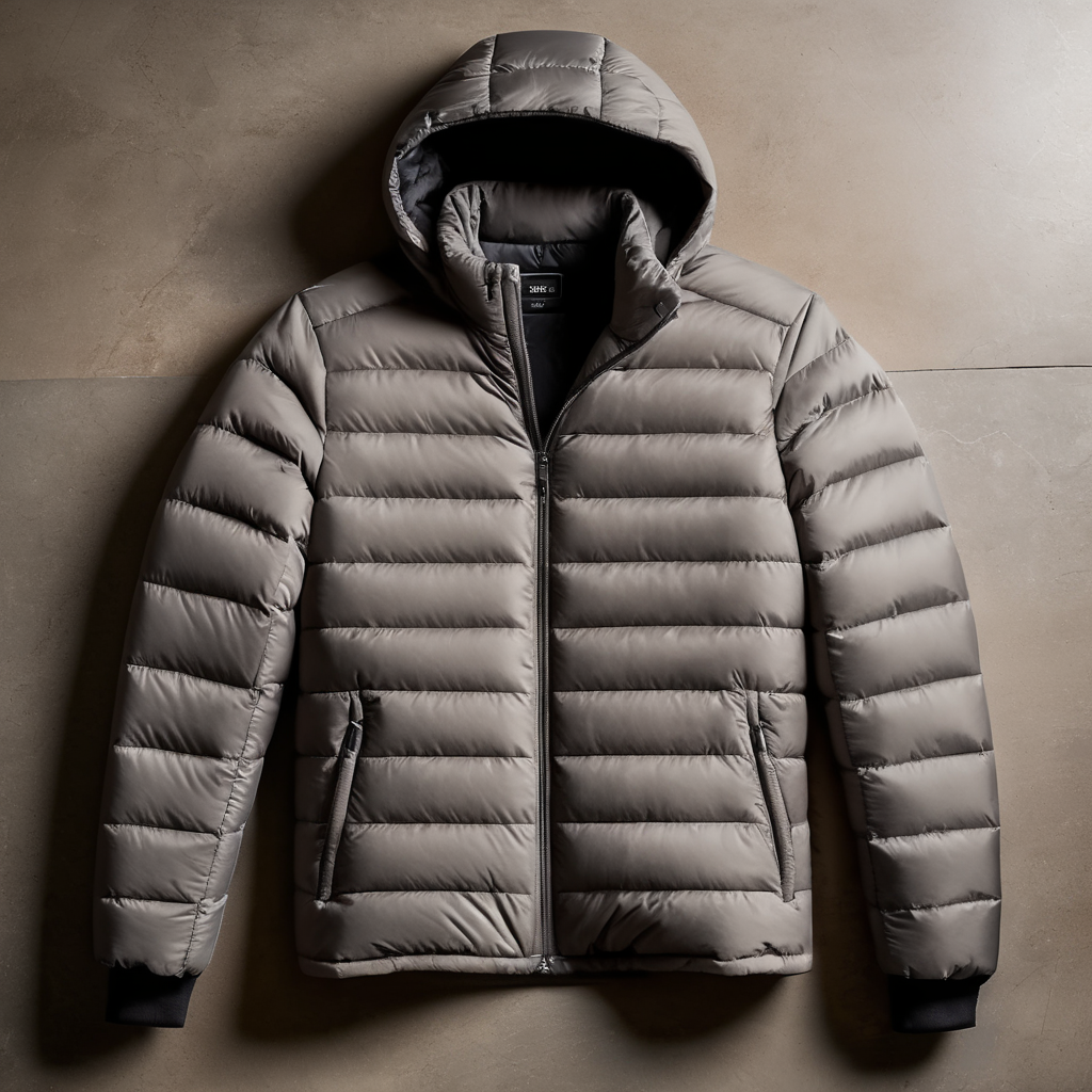 blank contemporary hooded light puffy jacket, full jacket view, earthy grey color, lying flat on stone background