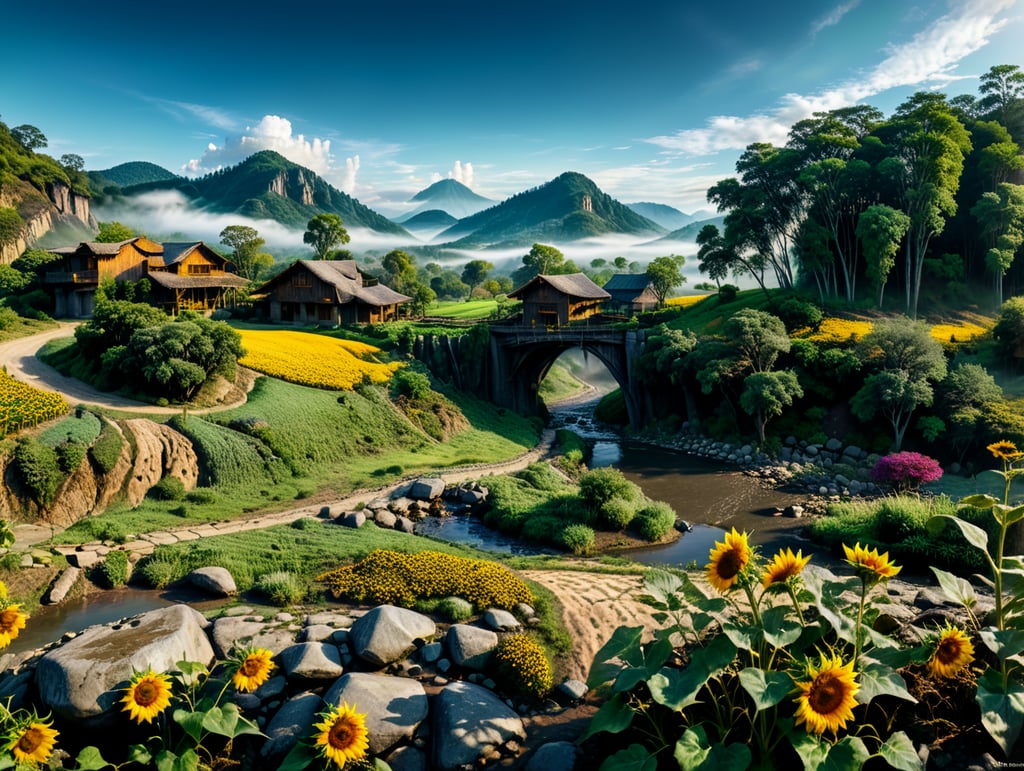 nature landscape, two hills behind of scene one of them dense forest other is stone and desert, lake int he middle of scene, creek coming to point of view, small stone bridge on creek,small waterfall stones of scene's left bottom side, green grasses and colorful flora close to viewer, wooden two story big house on right side on scene with sunflowers on front of it, mud road right bottom side of scene, many hills on fog on background horizon,