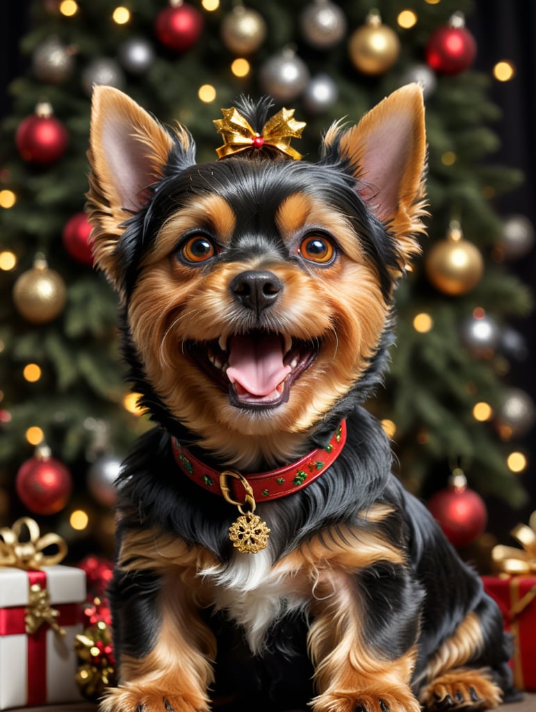 A Yorkshire terrier hair balck, eyes black smile expression, body black paw gold, background Christmas tittle “ROMITA