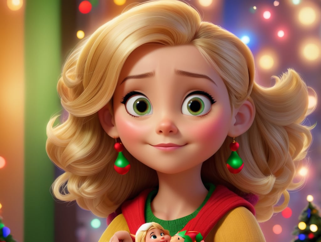 A Disney Pixar inspired movie poster with the title "Norah and Potato" in the image create a girl child with straight blond hair, blue eyes. she is holding an elf on the shelf. Christmas lights in the background. The scene should be in the distinct digital art style of Pixar, with a focus on character expressions, vibrant colors, and detailed textures that are characteristic of their animations.