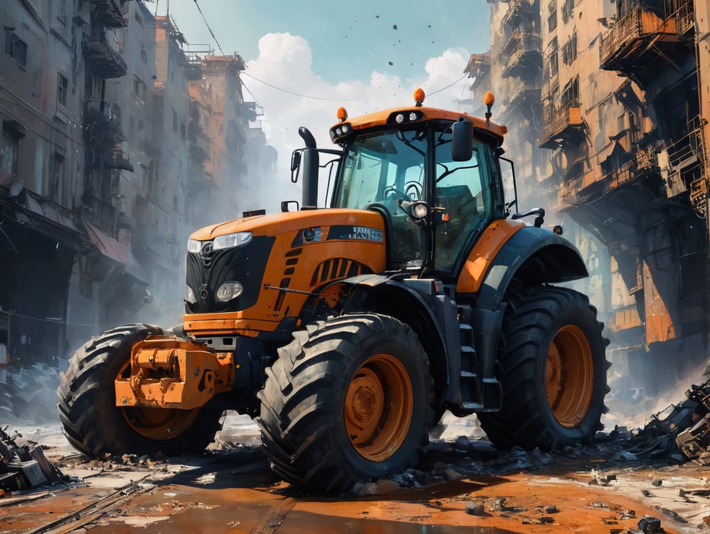 A regular size tracktor plows in a way too small planet. The tracktor blow a dense black fume