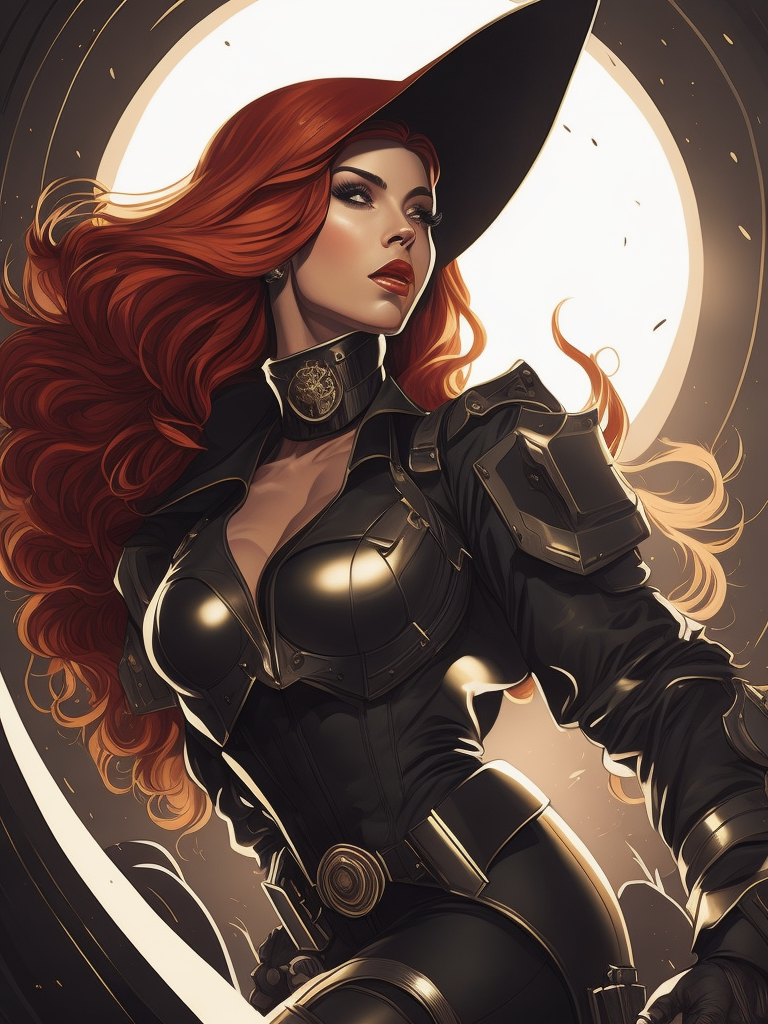 Miss Fortune pin-up in the style of ed emshwiller, curvaceous body, sitting on a rocket in the style of ed emshwiller, beautiful face, sparkling eyes, flowing long hair, scene, digital art, centered, sunlight, godrays, vignette, shaders, intricate, highly detailed, bloom, sharp focus, depth of field,