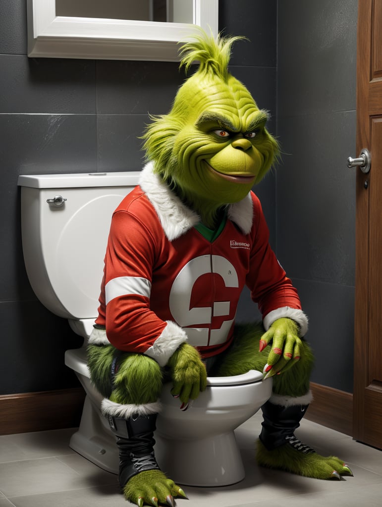 Profile side of The Grinch wearing a football jersey, he has an evil grin and he is sitting on a toilet bowl in the shape of a football helmet, 1980s Cartoon style