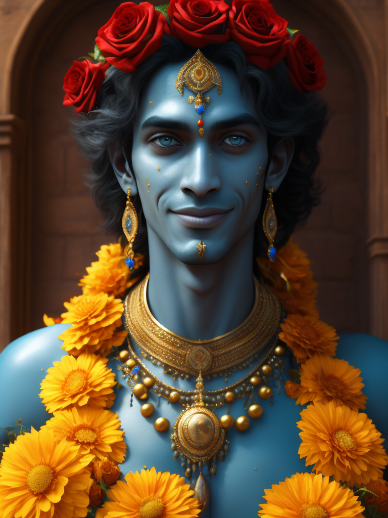 erstelle mir ein bild von gott, dem höchsten herrn, in der form von krishna. mit rosen und tagetesblumen als girlande, einem süßen lächeln und wunderbar liebenden blauen augen. üppig geschmückt, mit blau schimmernder haut