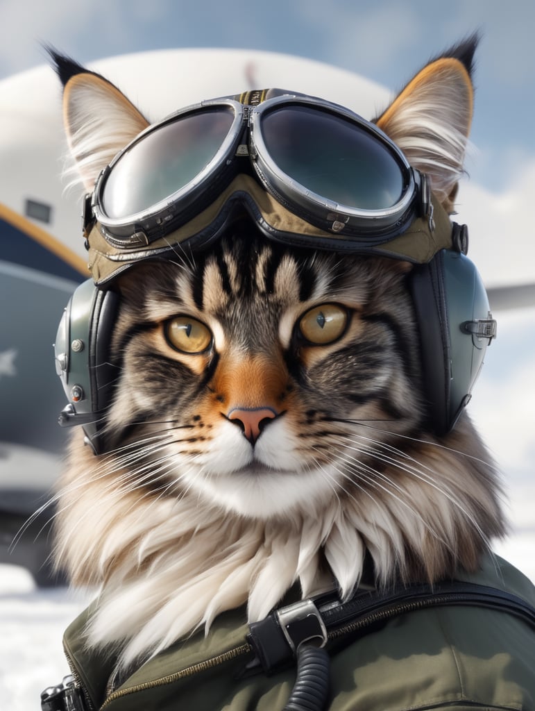 Photorealistic portrait of a main coon cat in a pilot's outfit, realism, a jet plane in the background, snow