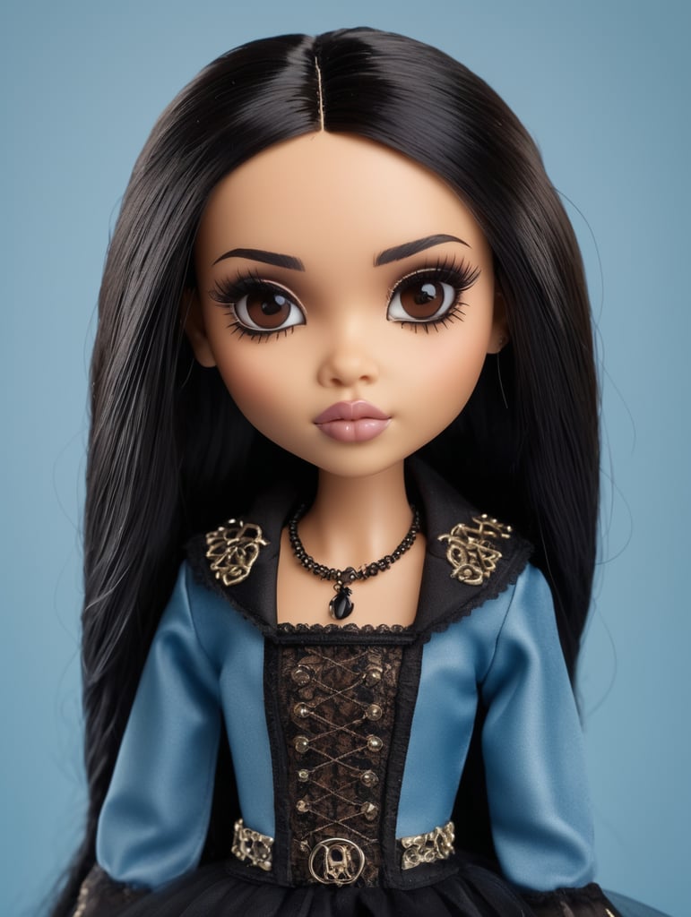 Bratz doll, beige skin tone, black hair medium length, brown eyes,cleft chin, wearing gothic clothes, on a blue background