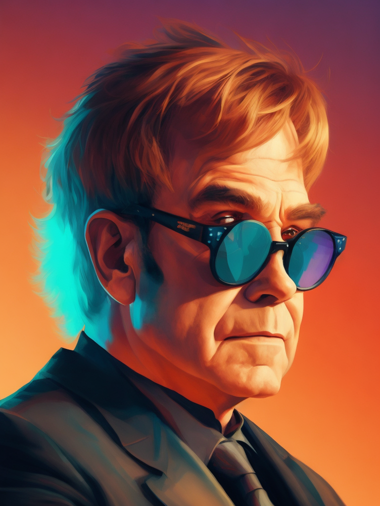 Portrait of Elton John with star-shaped glasses, Against a bright gradient, Vivid saturated colors, Contrast color