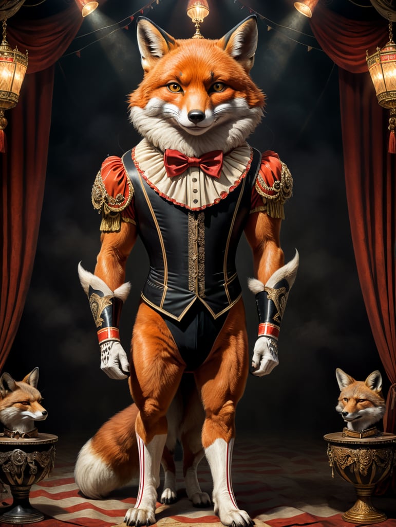 Vintage style circus sideshow poster of a full body anthropomorphic fox