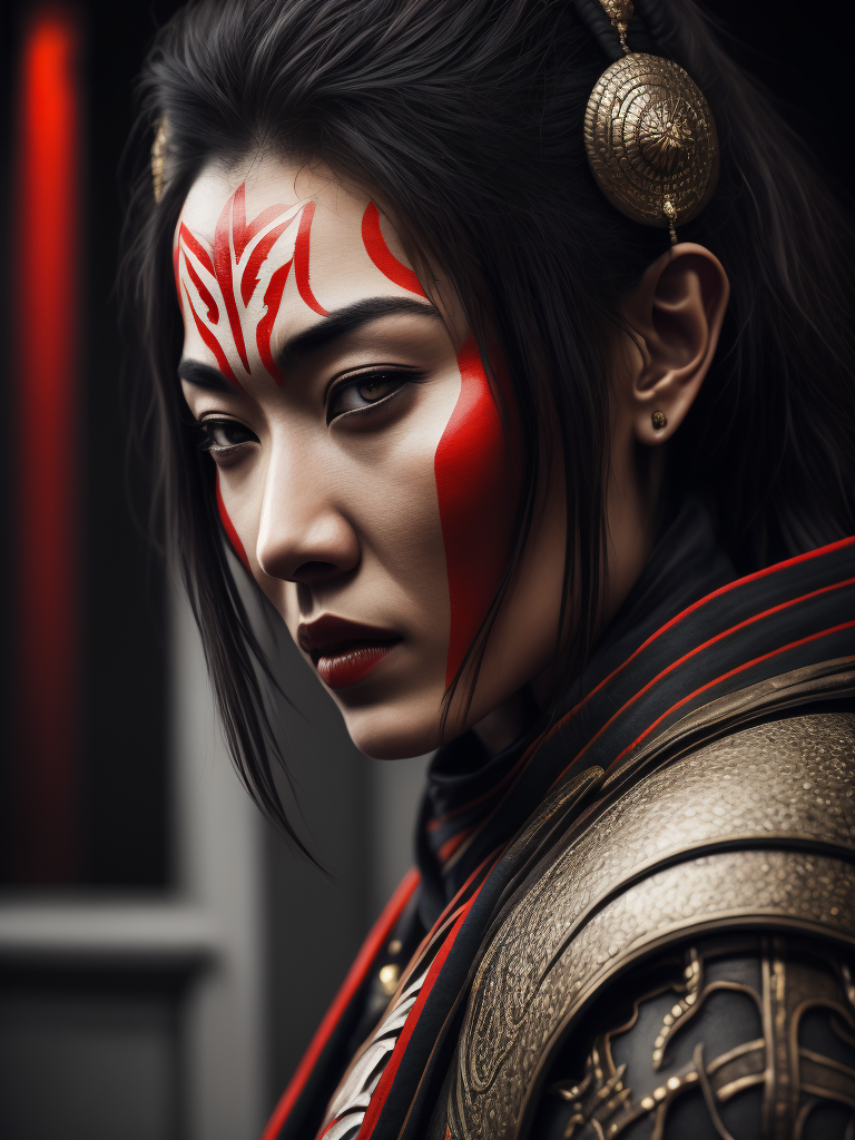 high contrast illustrative photograph of a samurai woman with face painted in a graphic style black, white and red standing in a staircase hallway, winter feeling