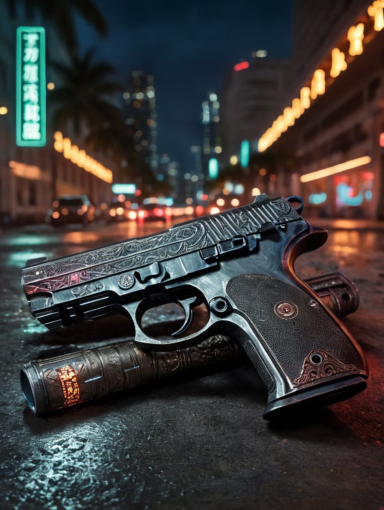 pistol laying on concrete, downtown Miami, neon lights, nighttime