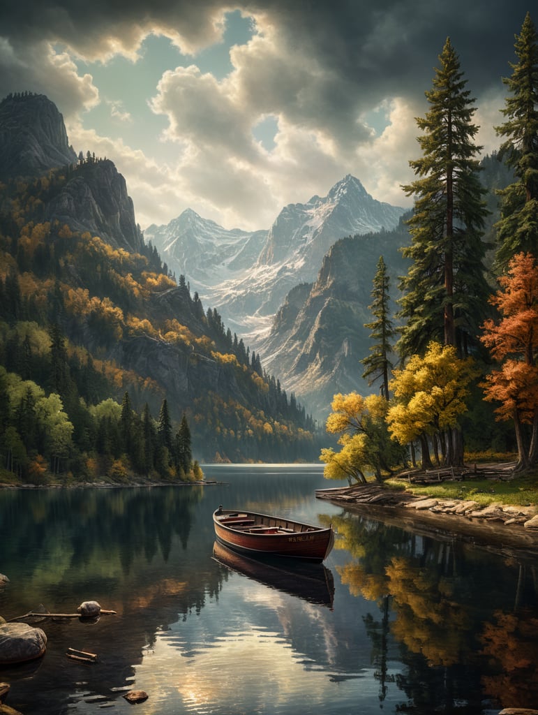 Vintage stamp lake boat trees