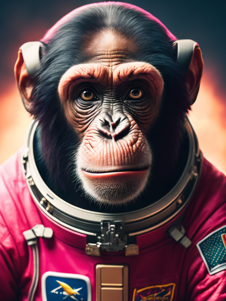 A chimpanzee going to space, wearing pink color astronaut suit, Vivid saturated colors, Contrast light, studio photo, professional photo, Detailed image, detailed face