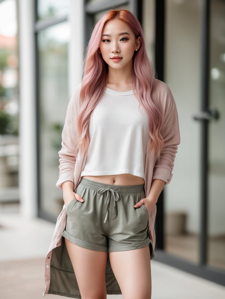 (full body portrait:1.3),dynamic pose,1girl,asian,pale skin,long pink hair,delicate face,heterochromia eyes,freckles,(oversized clothes:1.3,gym shorts:1.3),(thigh gap:1.3,thighs:1.3,one hip up:1.3,barefoot:1.3),white background,(best quality:1.2,ultra-detailed,realistic:1.37),soft colors,polished lighting