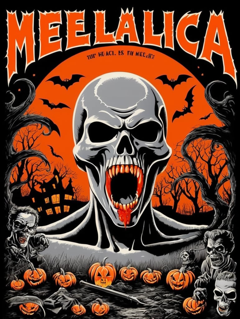 1950's b-movie horror halloween t-shirt print design featuring METALLICA BRAND LOGO