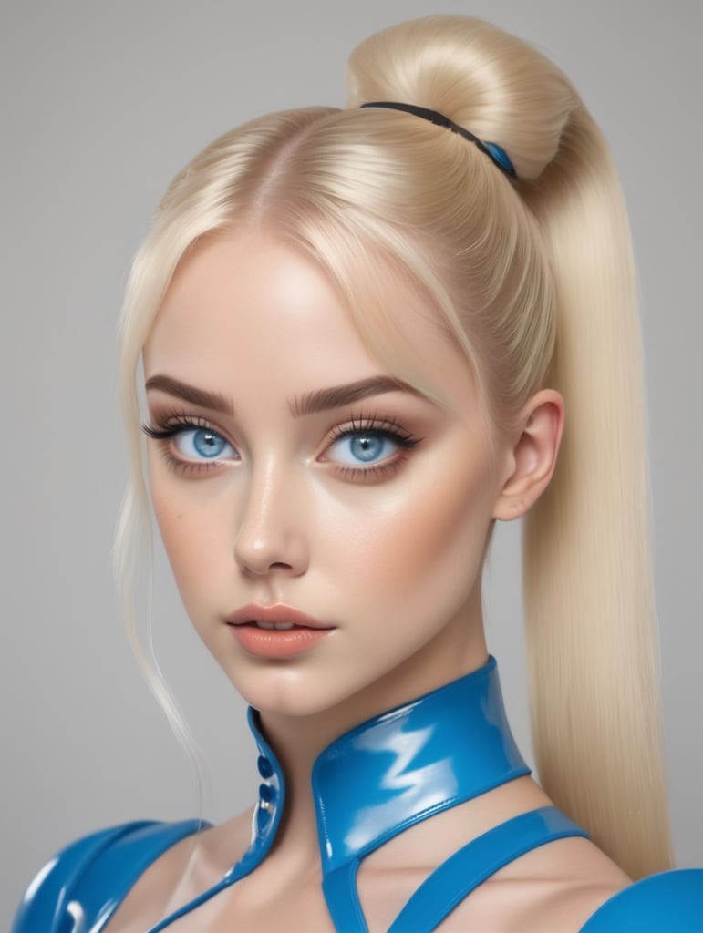 Latex Girl with blond ponytail Blue eyes