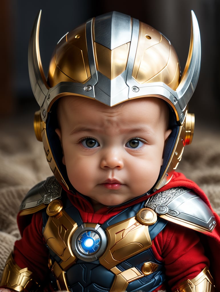 The adorable photo showcases a baby dressed in an thor costume, capturing the essence of the iconic superhero. the little one is nestled comfortably in a red and gold onesie that mimics thor famous armor. the suit features meticulously crafted details, including the arc reactor on the chest and the intricate designs on the helmet. the baby's chubby cheeks and bright eyes give them an extra dose of cuteness as they gaze curiously at the camera, seemingly ready to take on the world.