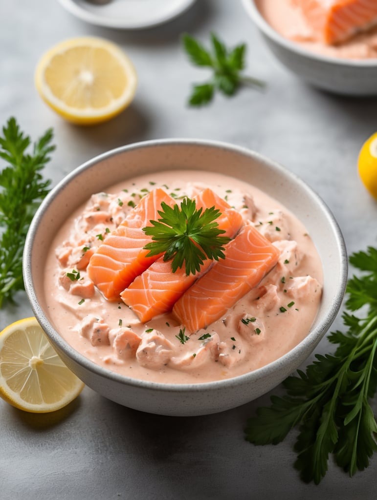 Pink Salmon Cream, typically refers to a creamy sauce or spread made with pink salmon as one of its main ingredients. It can be used in a variety of dishes, such as pasta, sandwiches, or as a dip., Food Cinematic, Editorial and vertical Photography, Photography, Shot on 70mm lens, Depth of Field, Bokeh, DOF, Tilt Blur, Shutter Speed 1 1000, F 22, White Balance, 32k, Super-Resolution