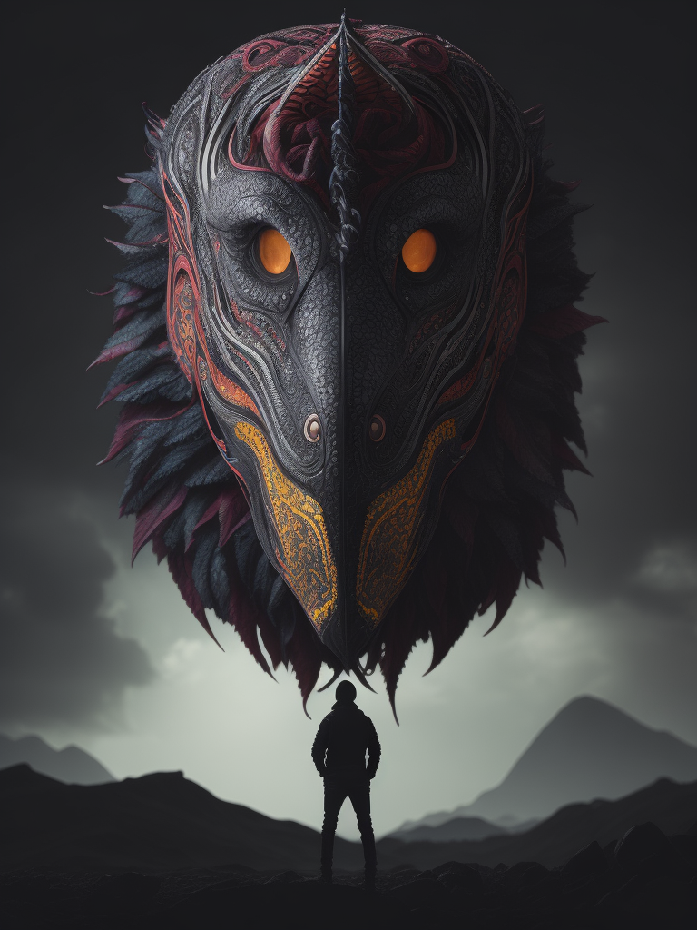 Imagine creature, his face covered with big mask. The image should be in the style of Tim Walker, with an experimental and trippy perspective. The man should be surrounded by bold and vibrant shapes in neon colors. The scene should be shot with a Sony A7R III and a Sigma 35mm f 1.4 ART lens and rendered in photorealistic 8k ultra crispy HD cinematography. The mood should be mesmerizing and the atmosphere should be hypermaximalist, with insane and intricate details. The lighting should be volumetric, moody, and studio-style, using cinematic color grading and post-processing techniques like screen space and ray tracing reflections. The background must be a solid color.