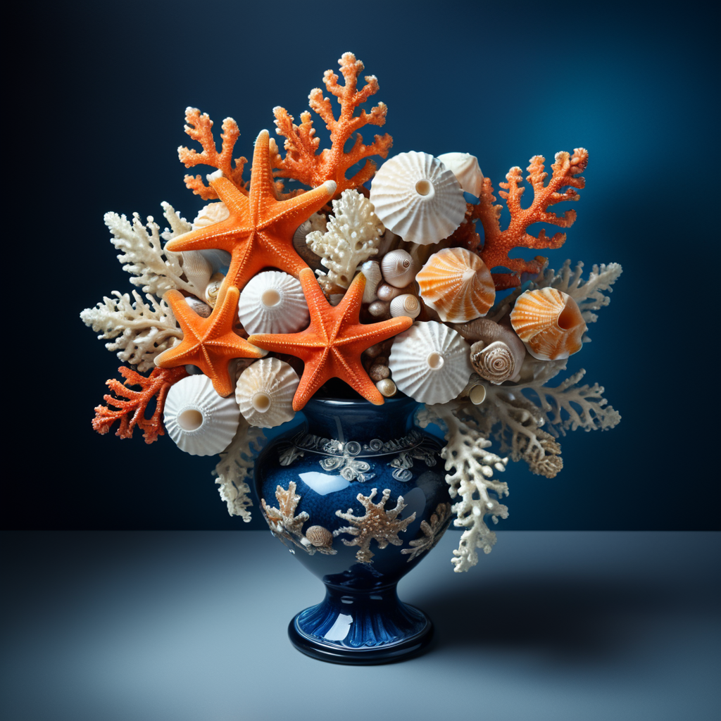 a beautiful bouquet of sea corals starfish pearl shells high Detail Image background dark blue in a vase