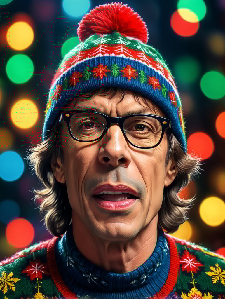 Mick Jagger wearing an a brightly patterned ugly Christmas sweater and wayfarer glasses and Christmas beanie, Vivid saturated colors, Contrast color